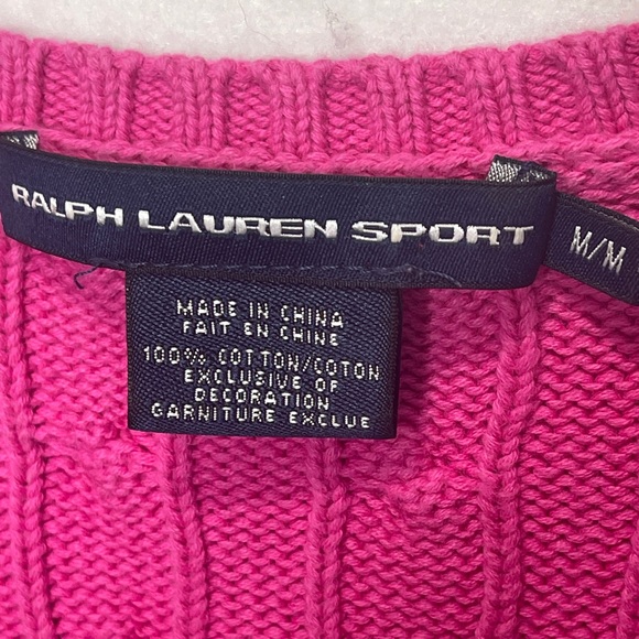 Ralph Lauren Sport Hot Pink V-Neck Cable Knit Sweater 100% Cotton Polo Vintage - Picture 5 of 5